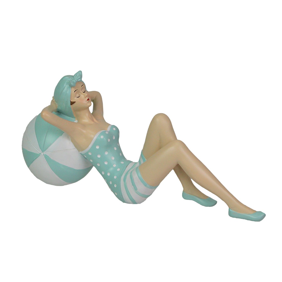 Retro Bathing Beauty Beach Girl Laying On Beachball In Blue Swimsuit Statue