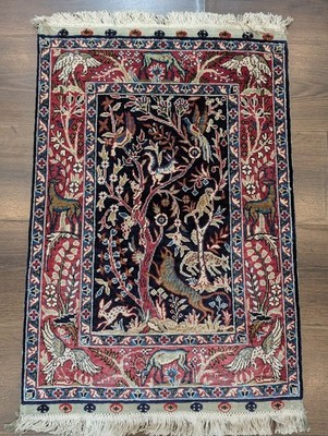 Small Silk Tree of Life Rug, Navy Blue, Animal Pictorials