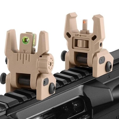 Foldable Iron Sights Flip-up Front and Rear Sight Fiber Optics Dual Aiming Tan~！