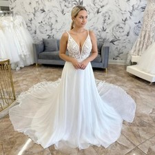 Fancy Chiffon Wedding Dresses for Bride Deep V Neck Appliques A Line Sleeveless