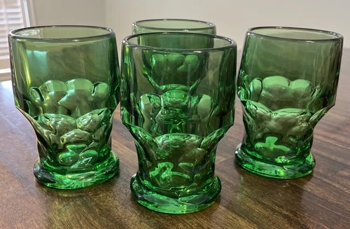 Vintage Set Of 4 Anchor Hocking GEORGIAN  Forest Green Rock Glass Tumblers EUC