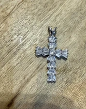 925 Sterling Silver Baguette & Round CZ Cross Pendant Necklace