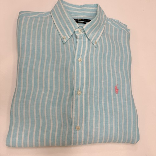 Ralph Lauren Men’s Ocean Washed LINEN Button Down Shirt Green/white Stripe Sz L - Picture 8 of 8