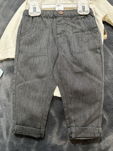 Little Lad 3/6 Month Baby Bodysuit Bow tie Set Tan Gray Herringbone Pants NWT - Picture 2 of 2