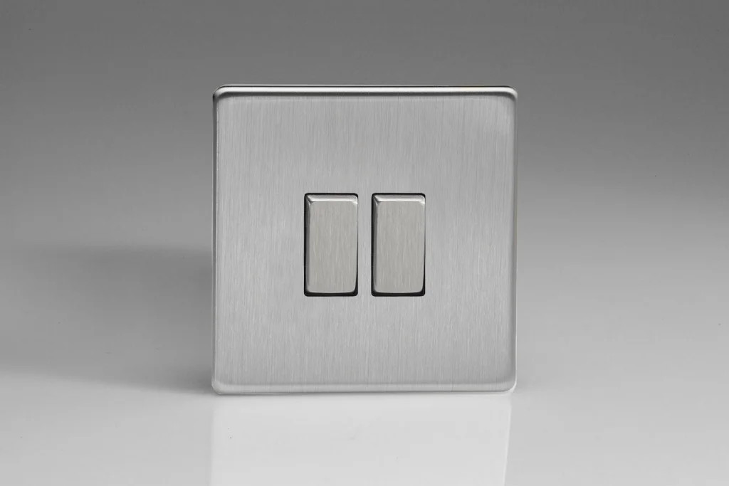 Switch Silver Intermediate & 2-Way 10A 2-Gang Screwless Brushed Steel Varilight