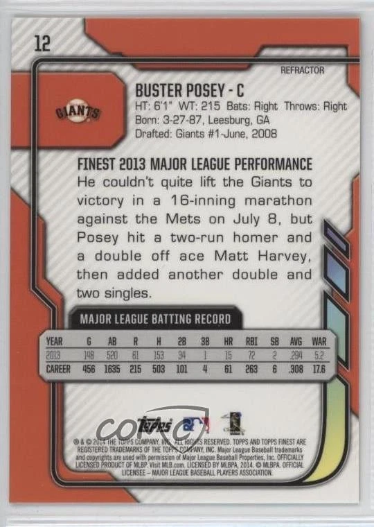 2014 Topps Finest Refractor Buster Posey #12 - Image 2 of 2