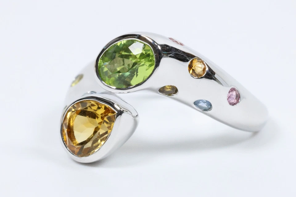 Anel multi turmalina folheado a ródio prata esterlina 925 peridoto citrino EUA 6,5–8 - Imagem 3 de 4