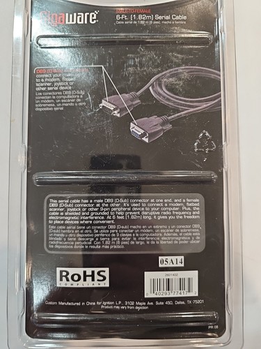 Cable serie Gigaware 6 pies (1,82 M) 9 pines (DB9) macho a hembra #26-1402 NUEVO - Imagen 2 de 2