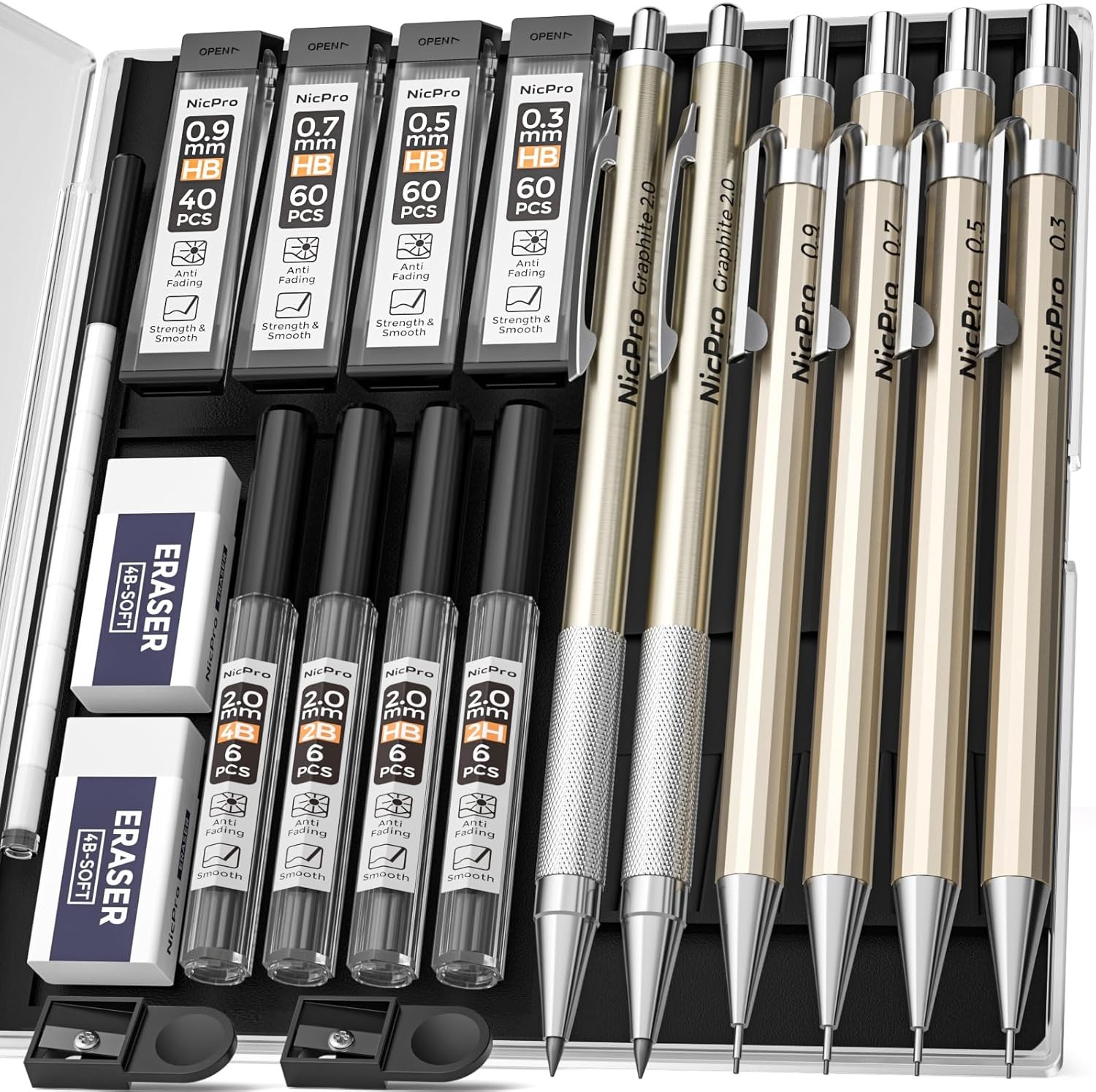 Nicpro 6PCS Metal Mechanical Pencils Set, Propelling Drafting Pencil 0.3 & 0.5