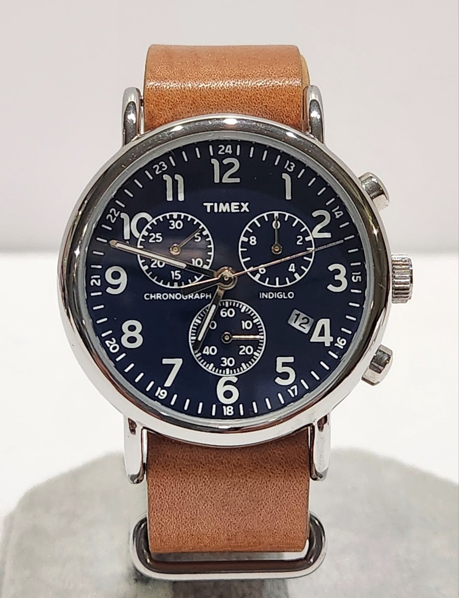 TIMEX Weekender Chronograph クロノグラフ 274 Timex Weekender Chronograph 40mm Blue Dial New Battery Tan Leather