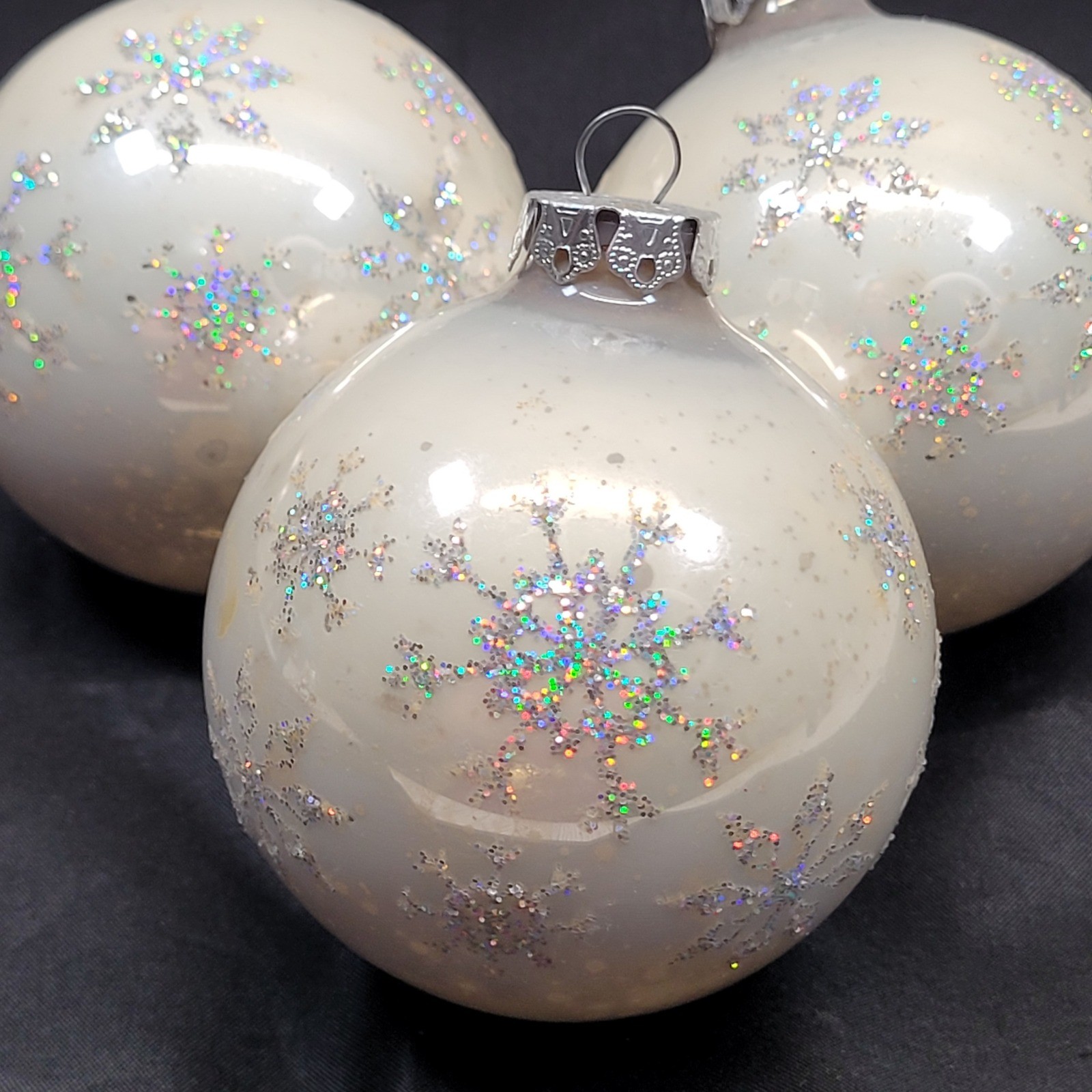 Set of 3 Iridescent White Snowflake Glass Christmas Ornaments Holiday Decor Vtg
