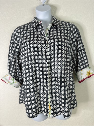Foxcroft Womens Plus Size 16 (0X) Geo Wrinkle-Free Button-Up Shirt 3/4 Sleeve