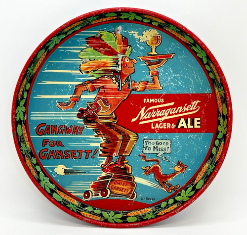 Cerveza Dr. Seuss Narragansett de colección BANDEJA DE METAL GRANDE Chief Gansett en patines - Imagen 2 de 16