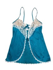 Vintage 80s Teal Satin Lace Babydoll Nightgown White Floral Lace Trim Petite