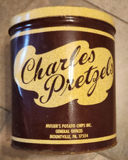 Charles Pretzel vintage Metal Tin 16 oz Mountville PA Made in USA Lidded rusty