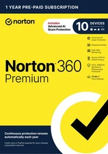 Norton 360 Premium Security for 10 Devices VPN Cloud Backup AI Scam Protection