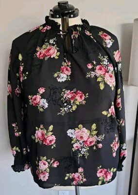 Time & Tru Womens Floral Chiffon Top Blouse Long Raglan Sleeves Size 20 (XXL)