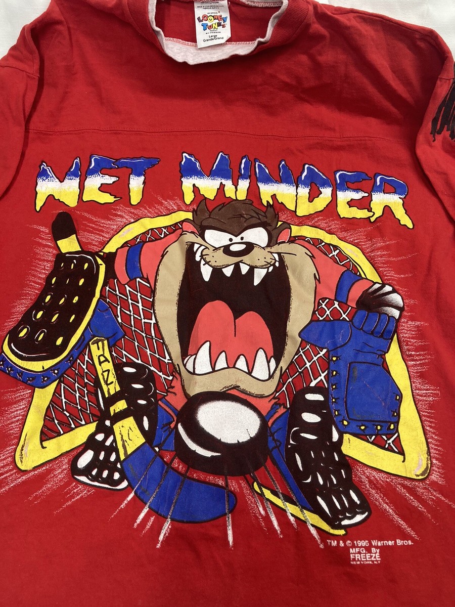 Vintage 1995 Taz LOONEY TUNES Net Minder Red T-Shirt Hockey Men