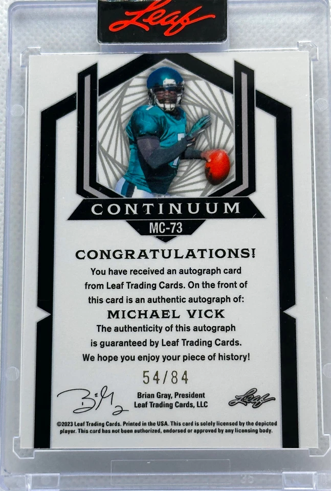 MICHAEL VICK SIGNED 2023 LEAF METAL CONTINUUM 54/84 AUTO FOOTBALL CARD #MC-73 - Image 2 of 2