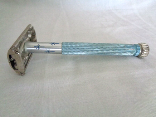 Gillette Vintage Blue Handled Double Edge, Single blade Shaver w/blades (#6291).