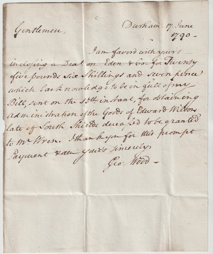 1790 DURHAM PMK LETTER GEORGE WOOD TO WREN & AIREY IN NEWCASTLE NORTHUMBERLAND - 第 3/3 張圖片