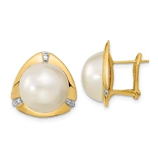14k Yellow Gold 12-13mm White Saltwater Mabe Pearl .06ct Diamond Stud Earrings