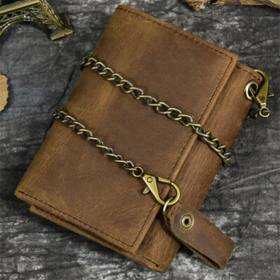 Men's Vintage Wallet Chain Leather Tri-fold Biker With Snap Closur