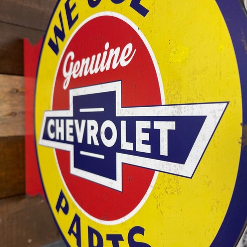 Chevrolet Genuine We Use Parts Double Sided Flange Metal Sign Distressed Finish - Picture 6 of 10
