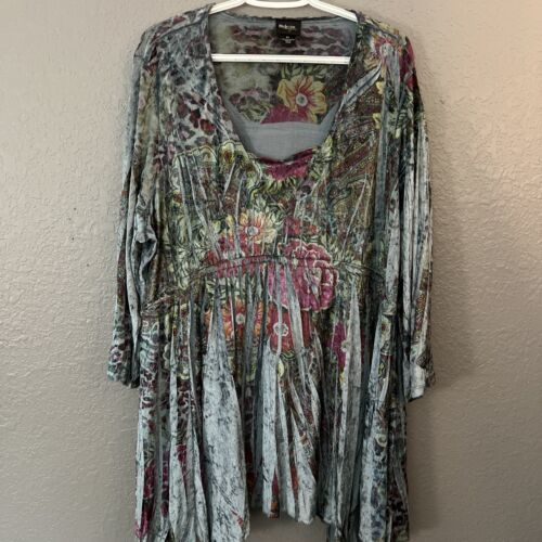 Camisa Style & Co Mujer Terciopelo Burnout Talla 3X Verde Rosa Floral Túnica Artística