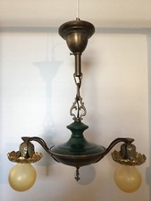 Antique Two Arm Entry Pendant Light Newly Wired Brass 38K