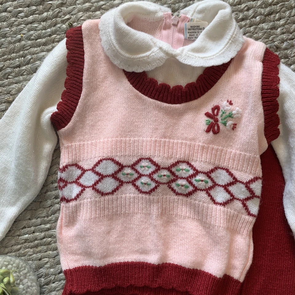 Conjunto de Pantalones Suéter Tejido Floral Vacaciones Navidad Rojo Rosa De Colección Talla 18 Meses 60s 70s Foto 2 de 4