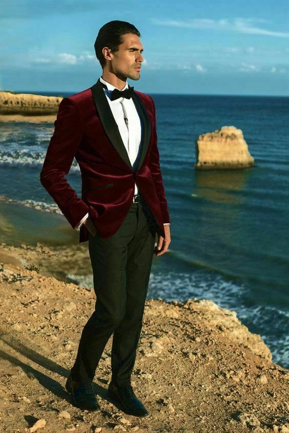 Mens Burgundy Velvet Jacket Groom Wedding Dinner Party Wear Tuxedo Blazer  Coat