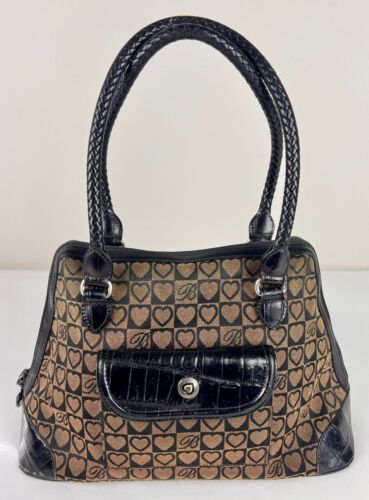 Brighton Brown Black Hearts & B’s Signature Purse Canvas Leather w/ Dust Cover - Afbeelding 1 van 16