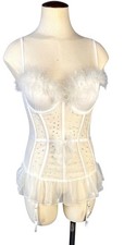 Victorias Secret White Sheer Corset With Feathers Rhinestones Size 34B