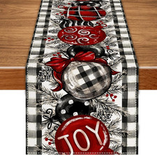 White and Black Buffalo Plaid Christmas Table Runner,Christmas Balls Joy Pine Br