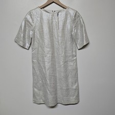 Alice + Olivia Metallic Shift Dress Sz 2 Cream Silver Short Sleeve Zip Back NWT