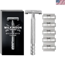 All-in-One Safety Razor Set - Chrome Double Edge Razor with 5 Blades Included