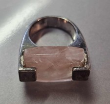 vtg 925 Sterling Silver w/ Large Cut Rose Quartz Ring Sz 7" - Heavy 16g- S118