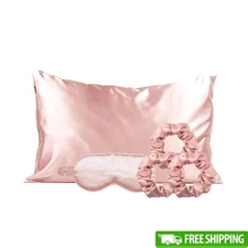 Silky Satin Pillow Case Set W/ Sleep Mask Hair Scrunchies Beauty Sleep New