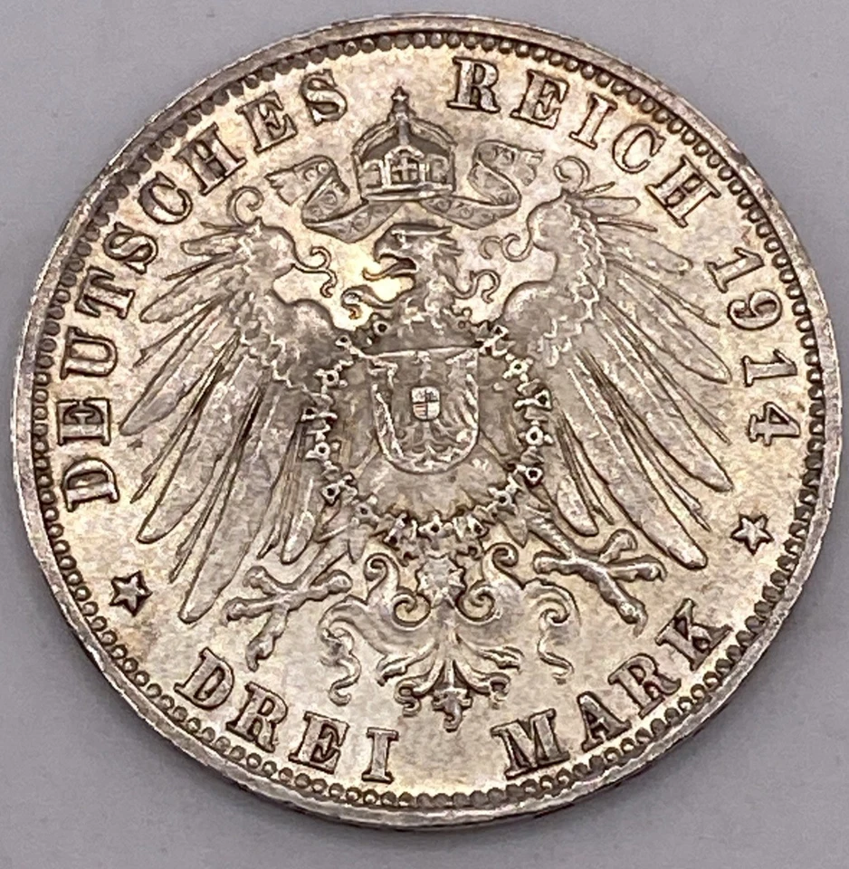 1914 Germany States 3 Drei Mark.900 Silver Coin Ludwig III German Empire Prussia - Image 2 of 4
