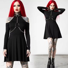 Killstar Goth Black Silver O Ring Grommet Harness Helter Long Sleeve Dress S NWT