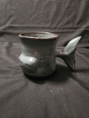 Blue Whale Pottery Unique Coffee Or Tea Mug Signed Thora Whale Tail Handle 