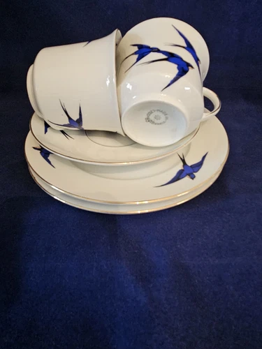 Blue Bird China 2 tazas de té, platillo, 2 platos laterales Checoslovaquia dorado años 30 - Imagen 14 de 14