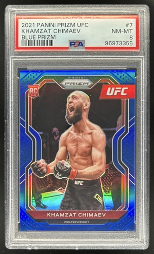 2021 Panini Prizm UFC Khamzat Chimaev RC Blue Prizm Rookie #/199 PSA 8