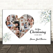 Photo Collage Christening Custom Gift 17-Photo Heart Eucalyptus Print Or Canvas