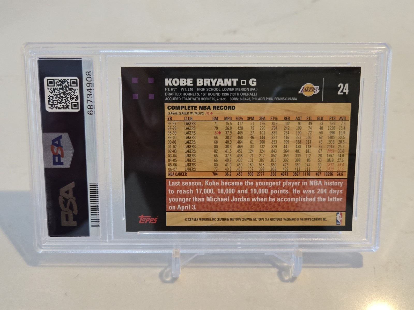 2007 Topps Kobe Bryant #24 PSA 9 50th Anniversary 8% Mint Rate Tough Grade view 2