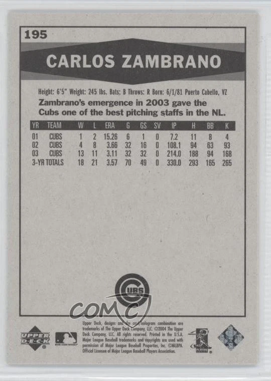 2004 Upper Deck Vintage Black & White Carlos Zambrano #195 - Image 2 of 2