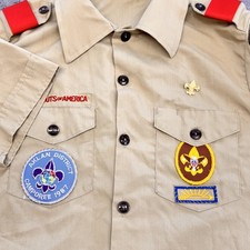 Vintage Boy Scouts Of America Shirt Boys 16 Beige Uniform Polycotton Patches 80s