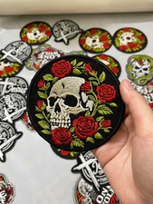 Skull Red Roses Embroidered Iron-On Patch 4 Inch Gothic Floral Skull Badge
