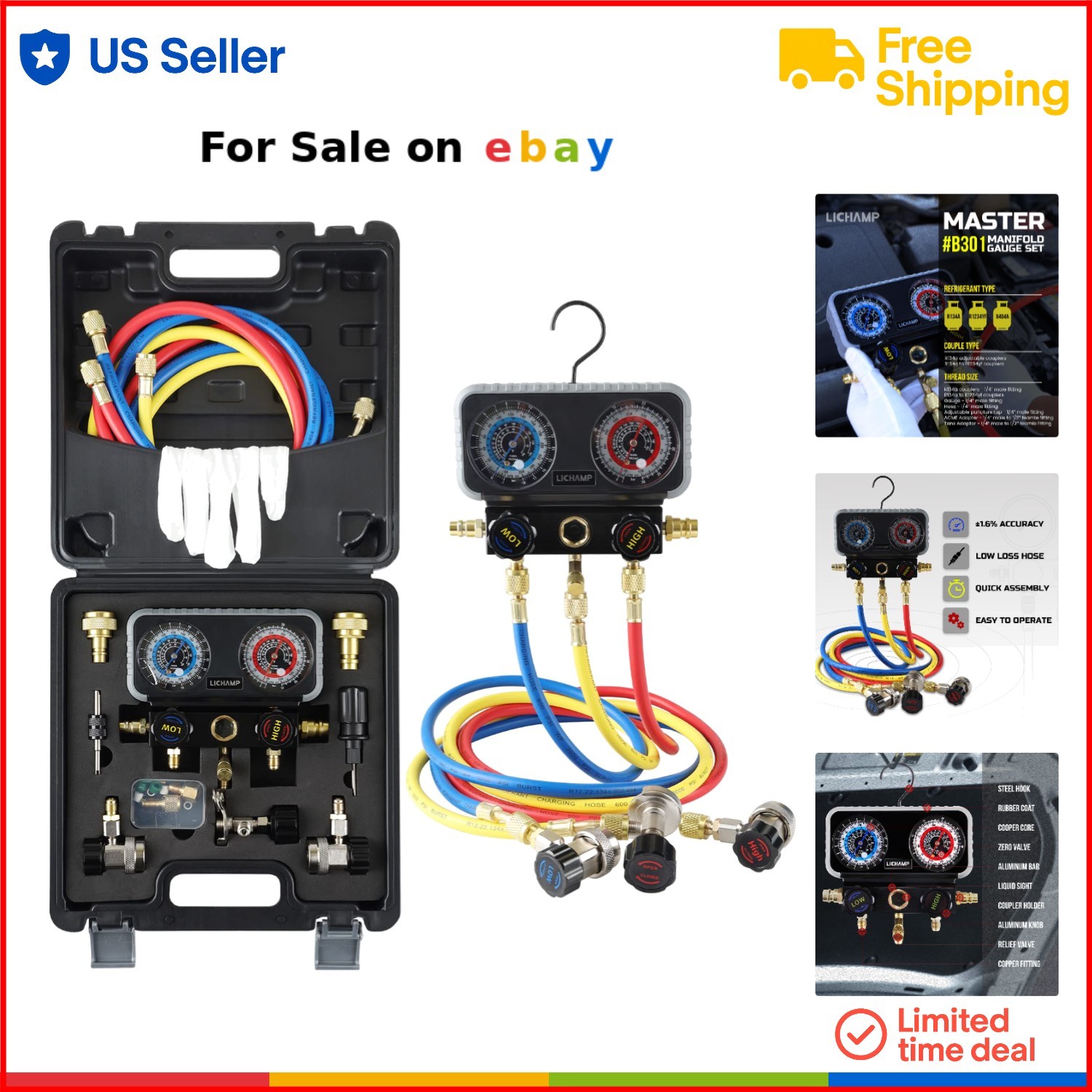 3-Way R1234YF R134A R404A Auto AC Gauge Set Brass Aluminum